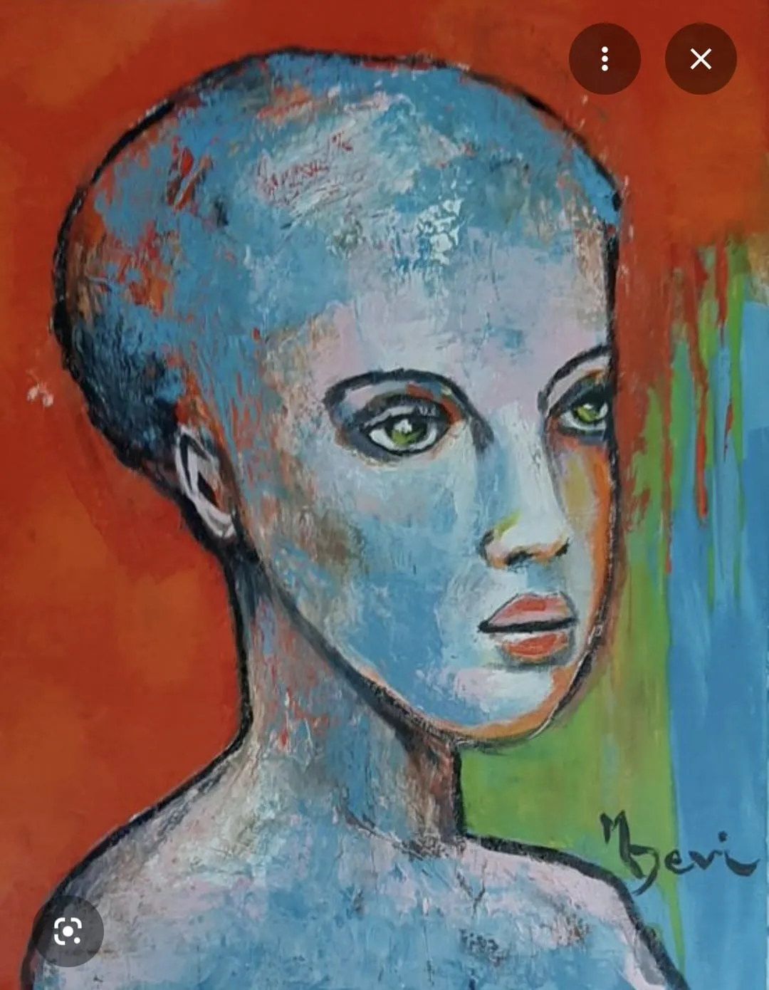 Regard d'Azur, huile sur toile — Portrait expressionniste aux teintes bleues